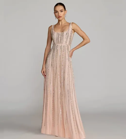 Pink Scoop Neck A-Line Gown With Striped Beading